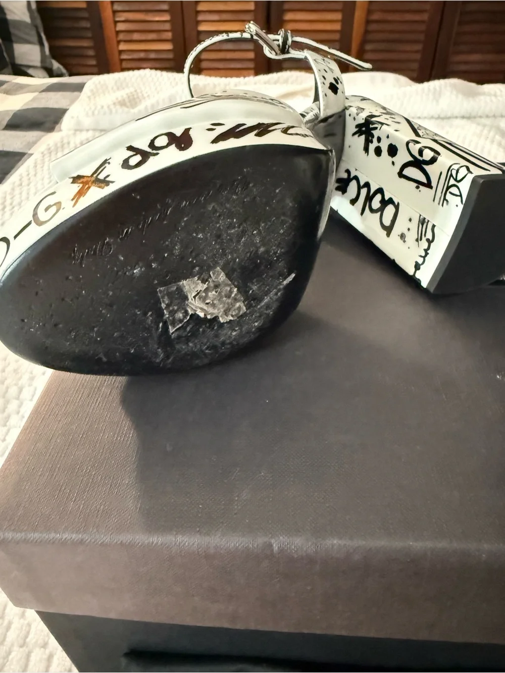 Dolce & Gabbana White and Black Graffiti Block Heel Sandals